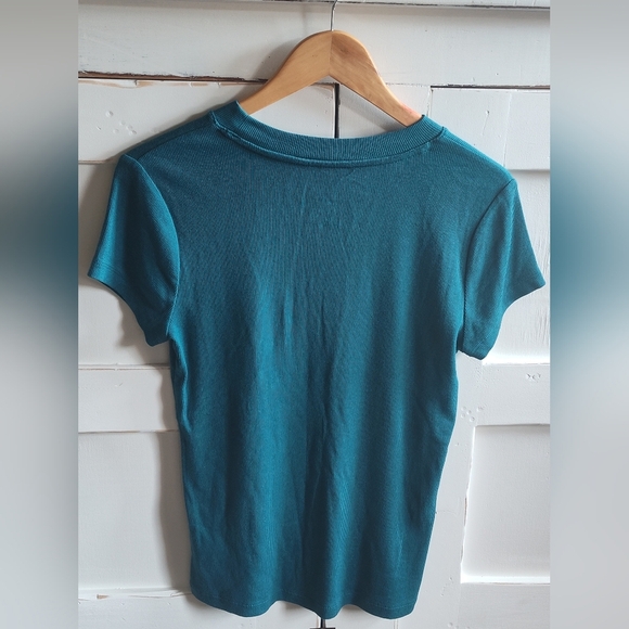 A New Day Women's Short Sleeve Ribbed Aqua Turquoise Blue T-shirt | Medium - Picture 2 of 4